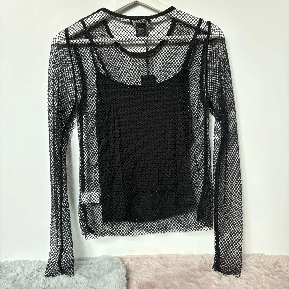 Rachel Zoe black mesh netting rhinestone long sleeves top